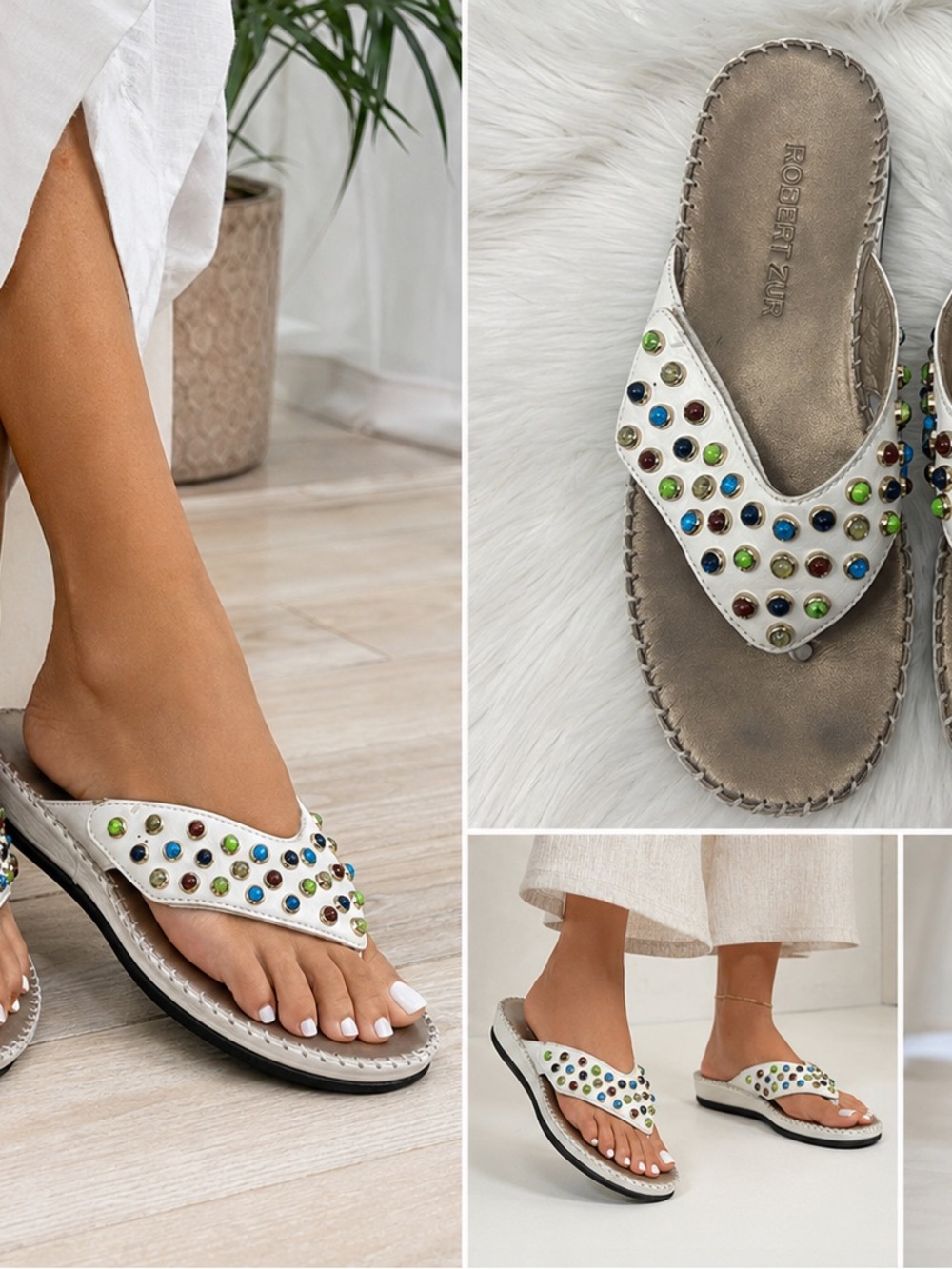 Robert Zur jeweled thong sandals Women’s 9.5M White Leather Embellishment